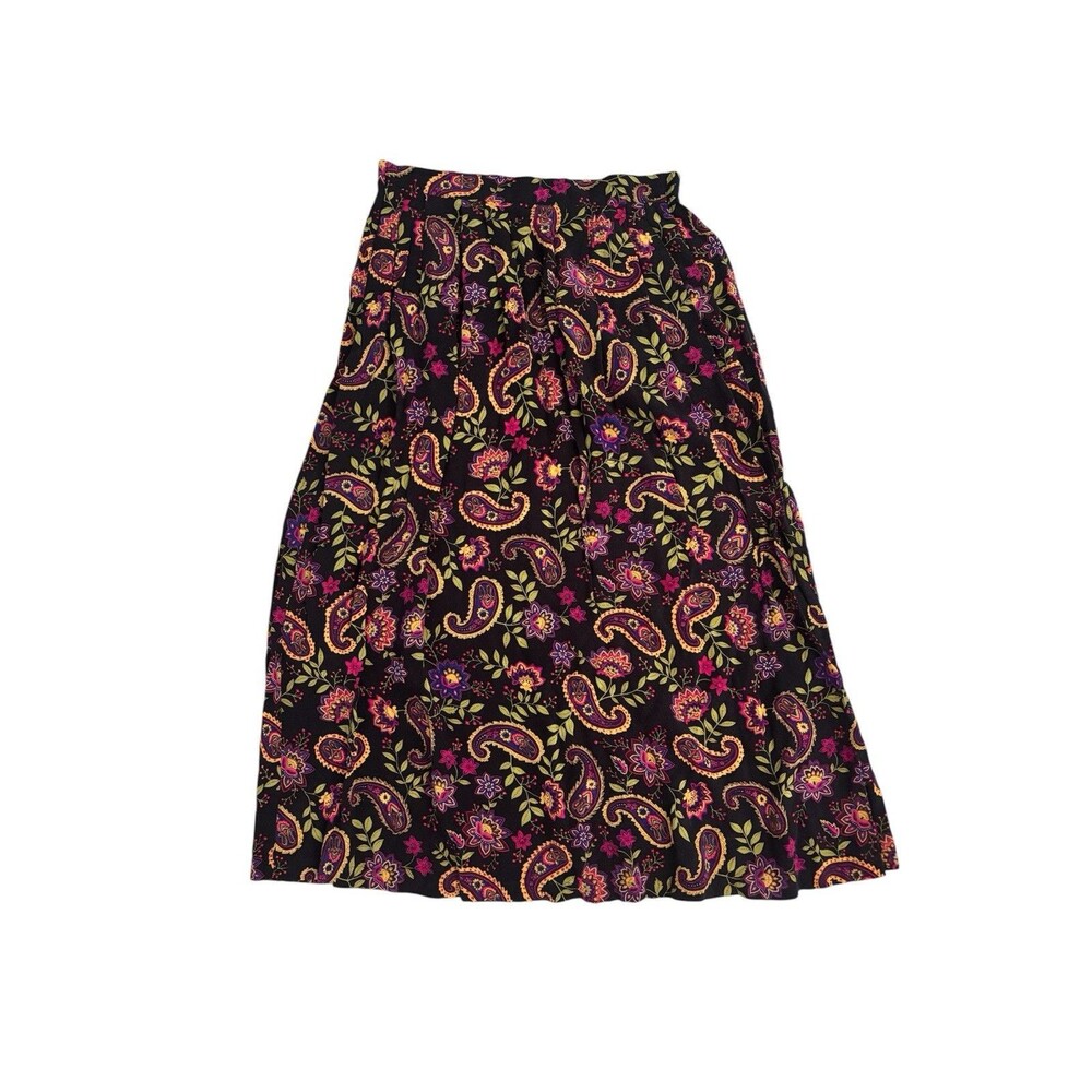 Vtg 90s Sag Harbor Pleated Black Paisley Midi Skirt, Gypsy Peasant Whimsigoth M
